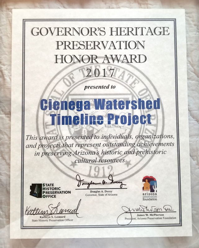 Cienega Watershed Timeline Project award plaque